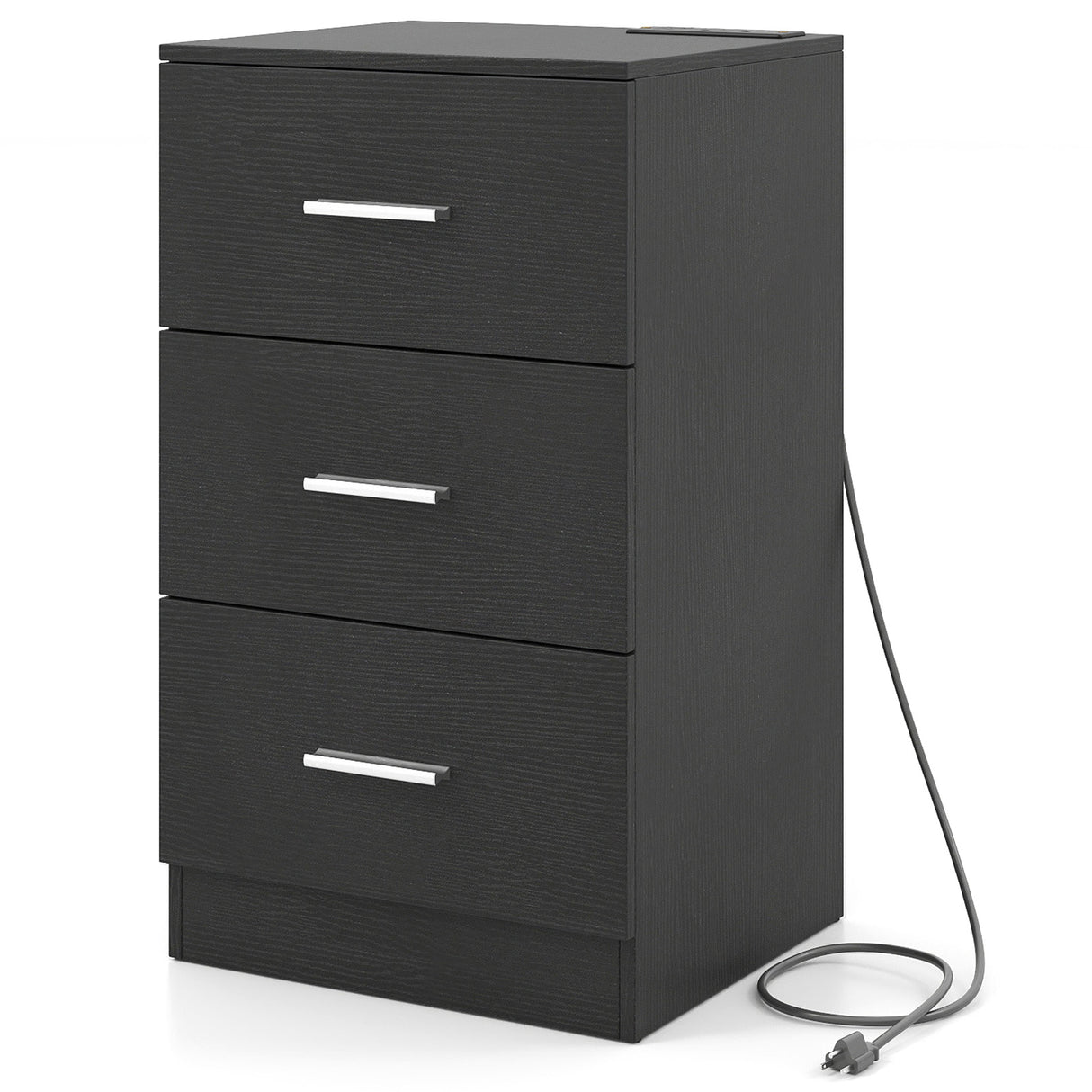 Nightstand with Charging Station End Table with 3 Storage Drawers Bedside Table for Bedroom-Black