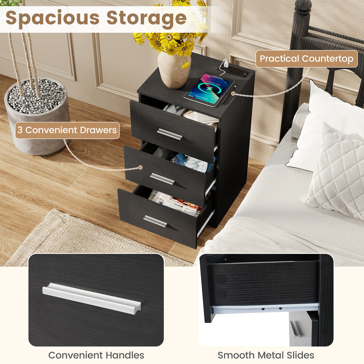 Nightstand with Charging Station End Table with 3 Storage Drawers Bedside Table for Bedroom-Black