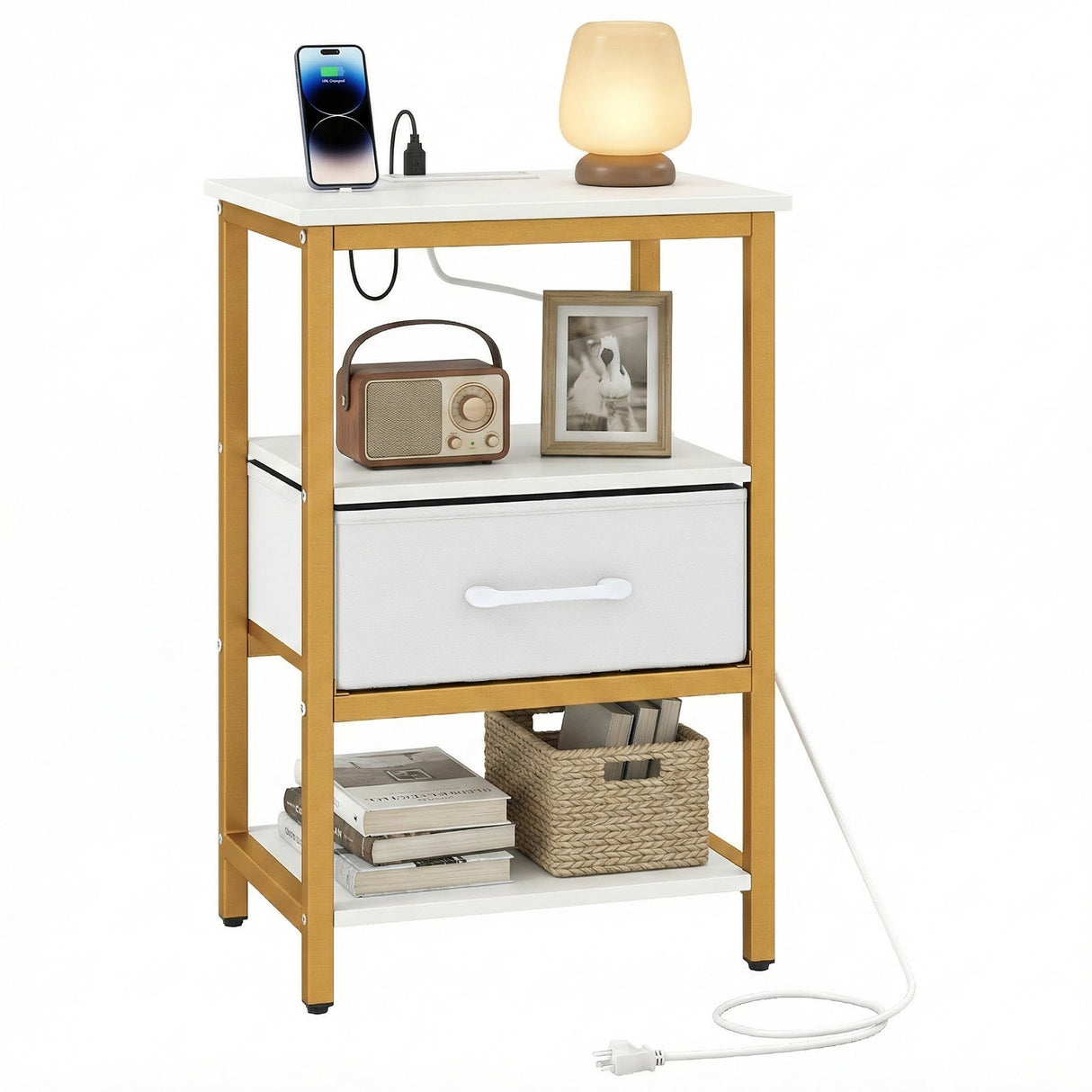 Nightstand with Charging Station and Adjustable Fabric Drawer for Bedroom and Living Room-1 Piece