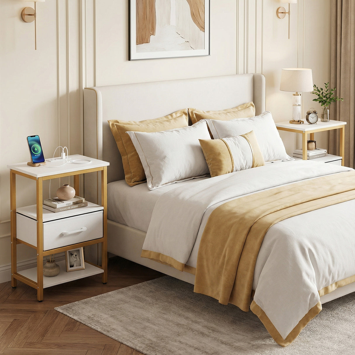 Nightstand with Charging Station and Adjustable Fabric Drawer for Bedroom and Living Room-Set of 2