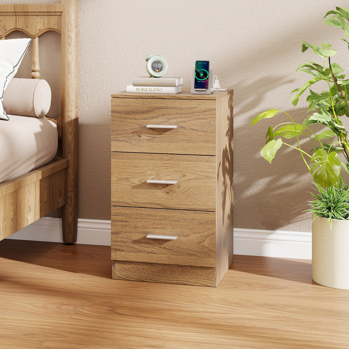 Nightstand with Charging Station End Table with 3 Storage Drawers Bedside Table for Bedroom-Natural
