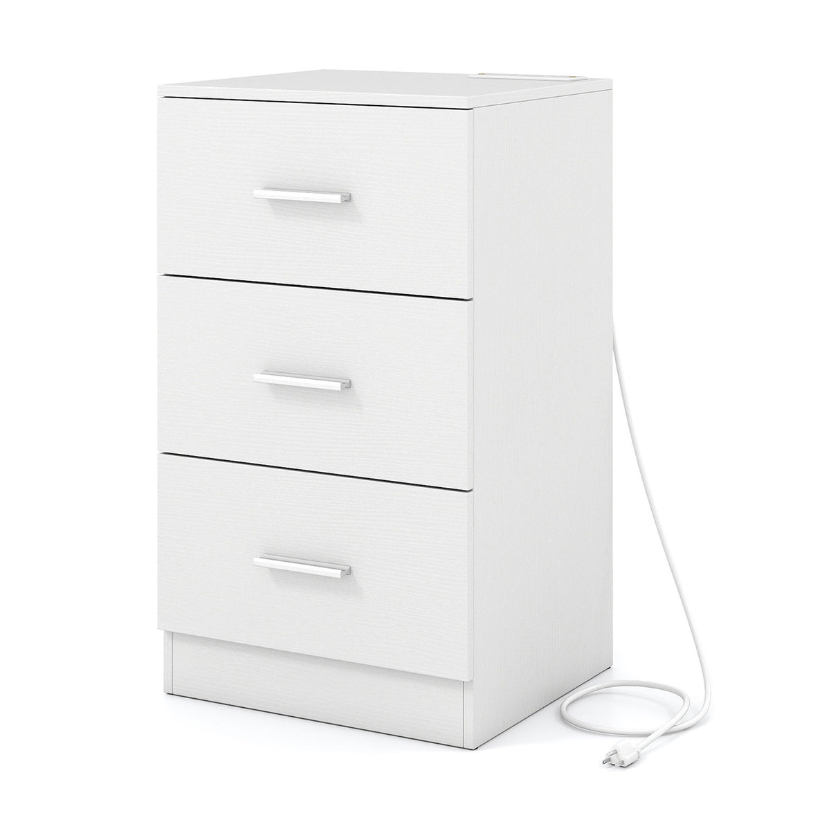 Nightstand with Charging Station End Table with 3 Storage Drawers Bedside Table for Bedroom-White