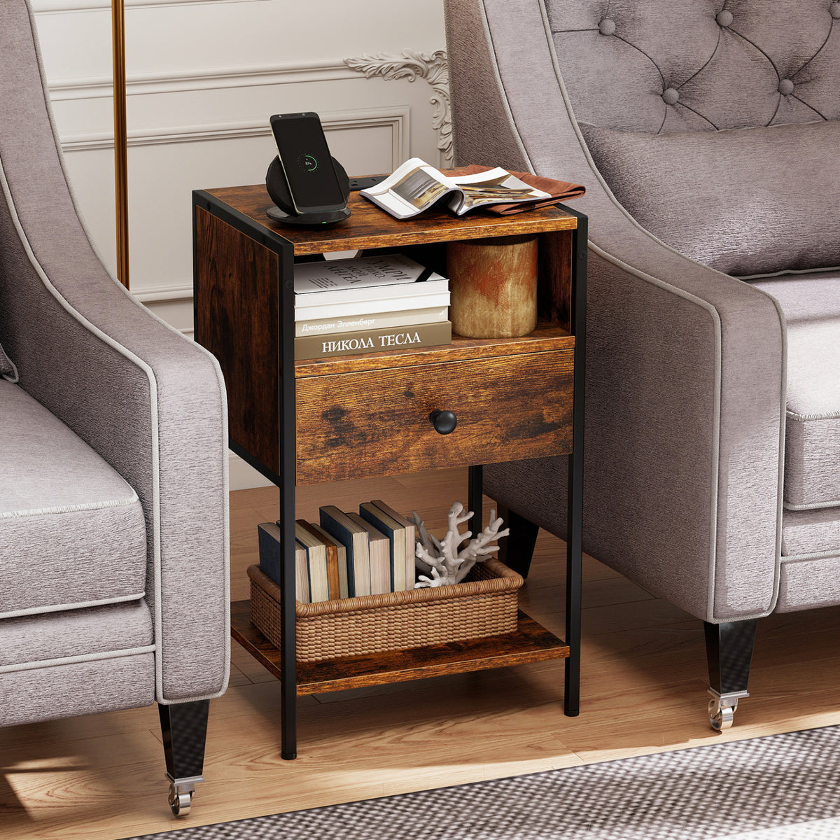 Nightstand with Charging Station Bedside Table with USB Ports and Outlets-Rustic Brown