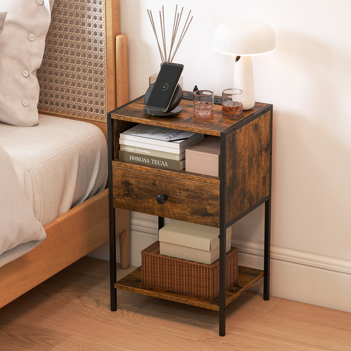 Nightstand with Charging Station Bedside Table with USB Ports and Outlets-Rustic Brown