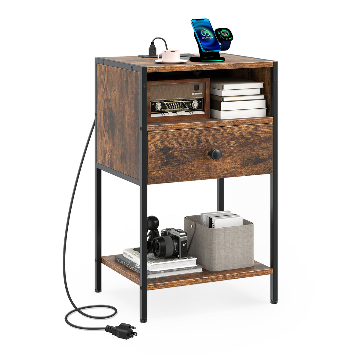 Nightstand with Charging Station Bedside Table with USB Ports and Outlets-Rustic Brown