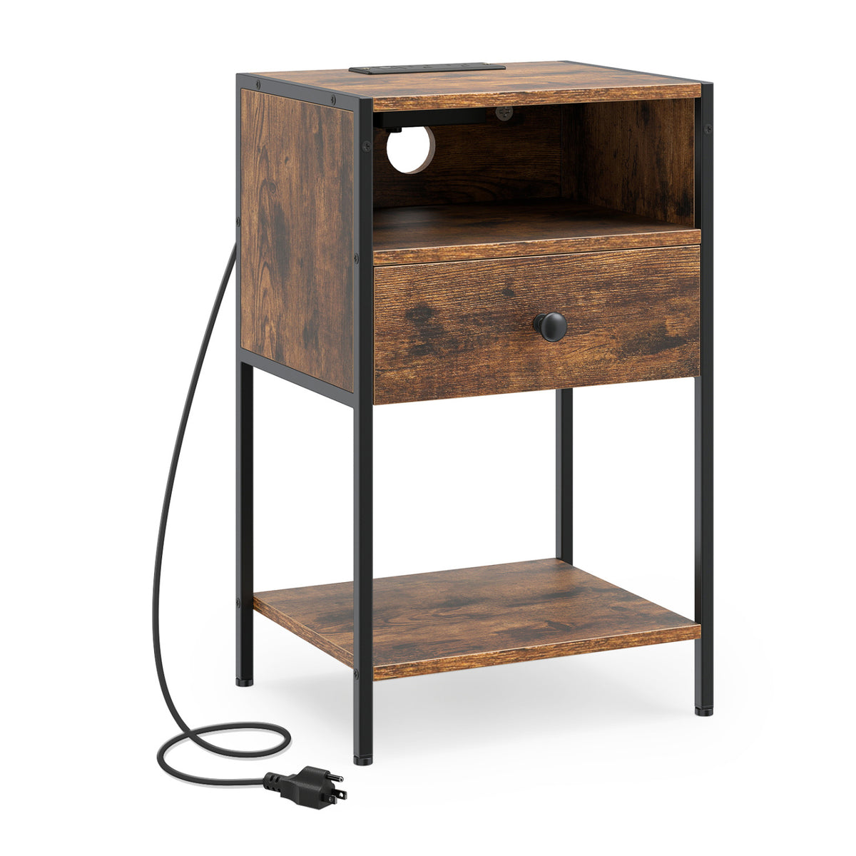 Nightstand with Charging Station Bedside Table with USB Ports and Outlets-Rustic Brown