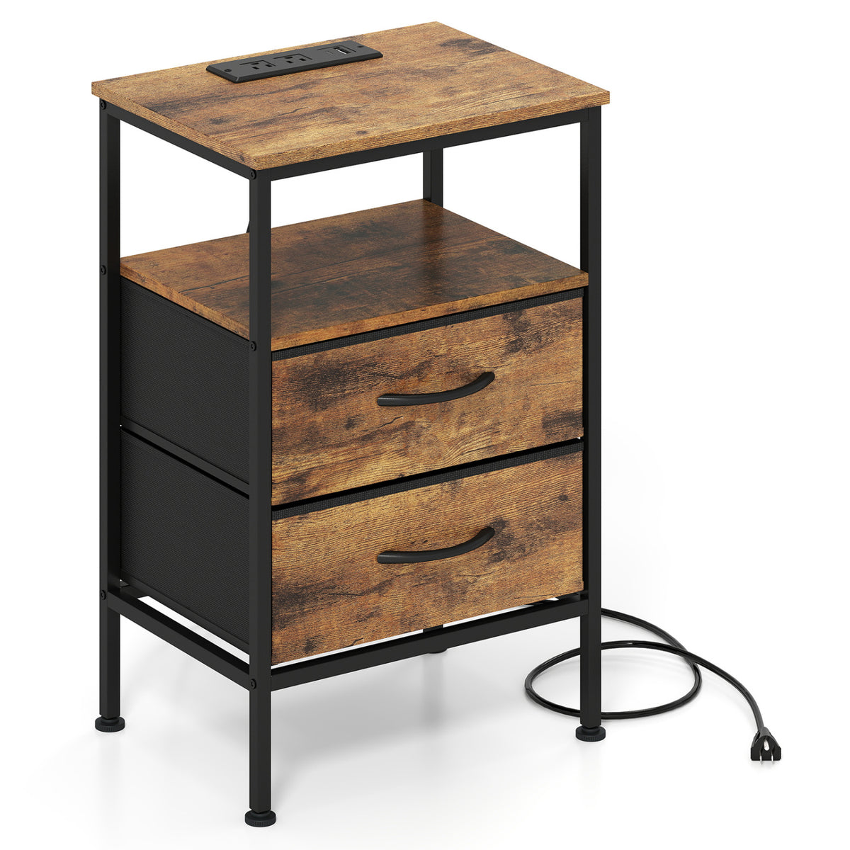 Nightstand with Charging Station 24.5 inch Modern Bedside Table with 2 Fabric Drawers-Rustic Brown
