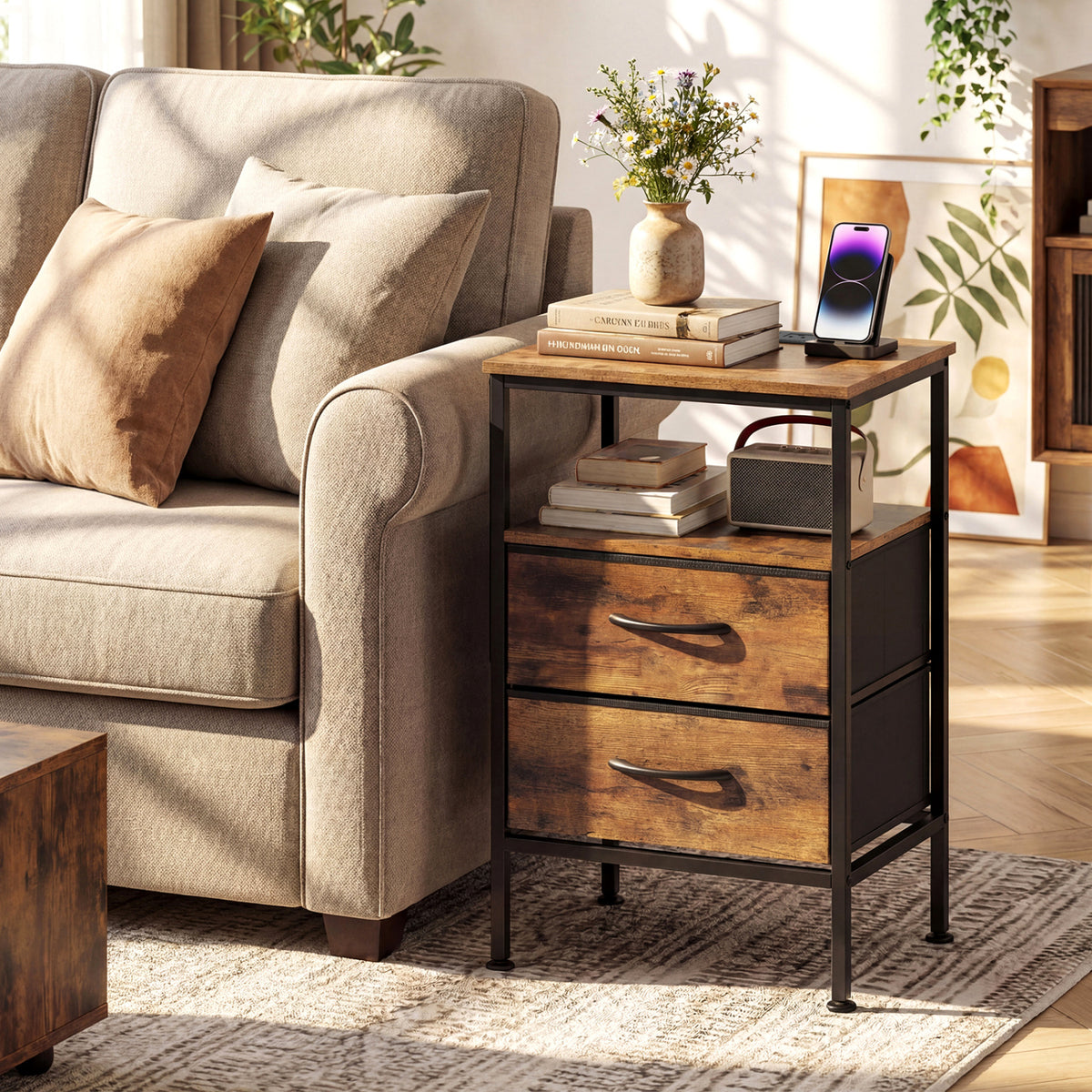 Nightstand with Charging Station 24.5 inch Modern Bedside Table with 2 Fabric Drawers-Rustic Brown