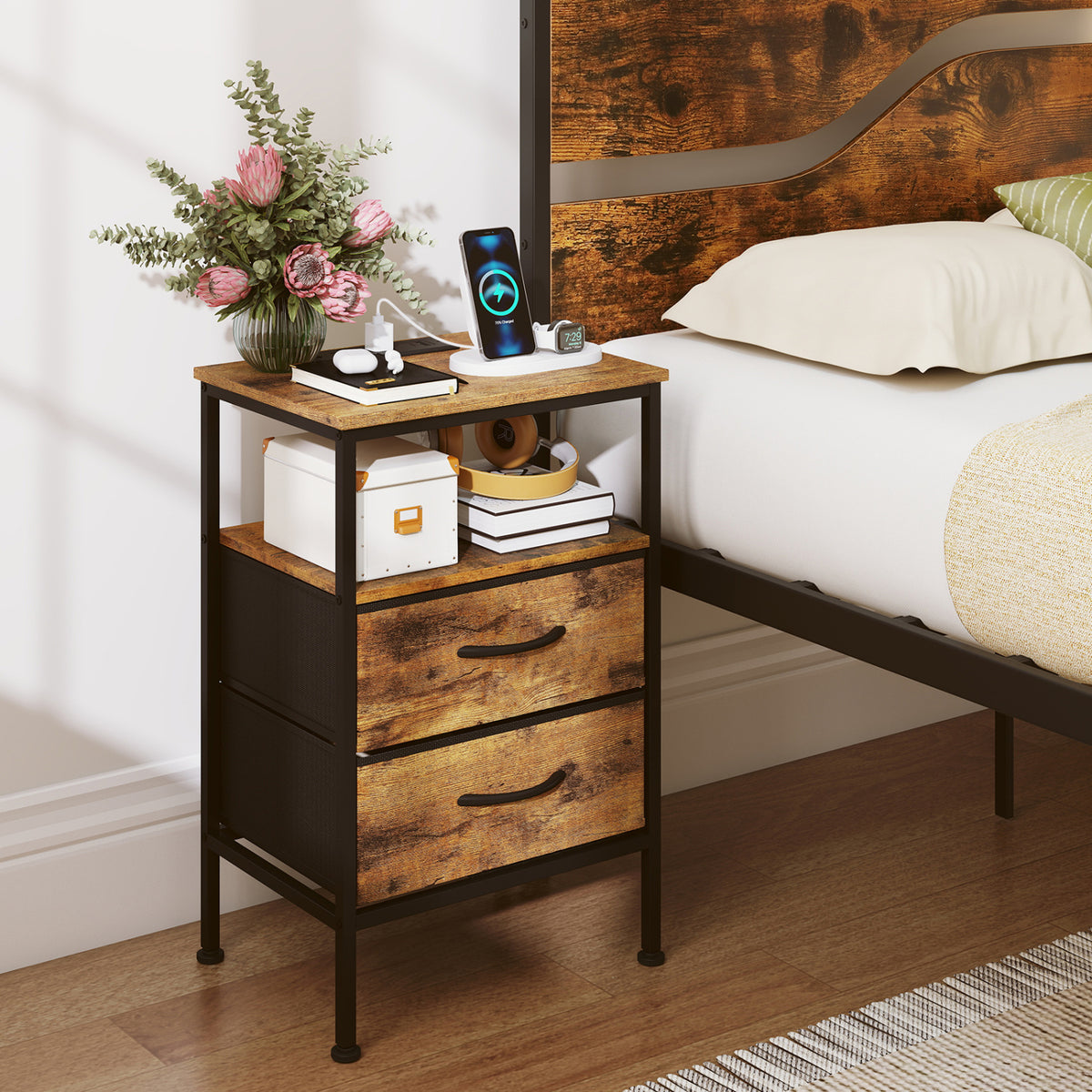 Nightstand with Charging Station 24.5 inch Modern Bedside Table with 2 Fabric Drawers-Rustic Brown