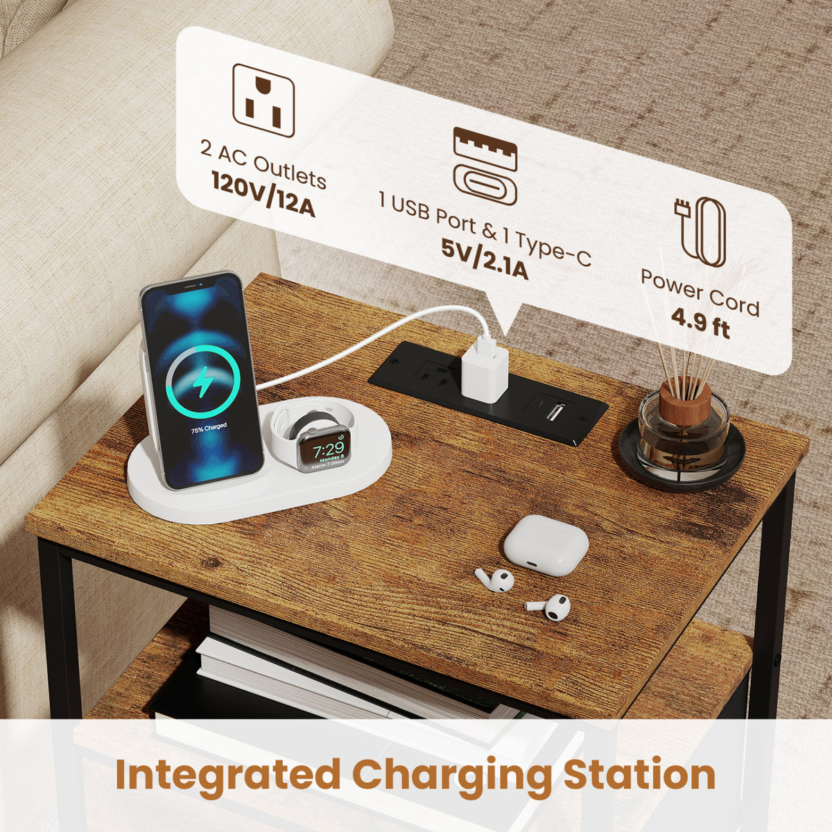 Nightstand with Charging Station 24.5 inch Modern Bedside Table with 2 Fabric Drawers-Rustic Brown