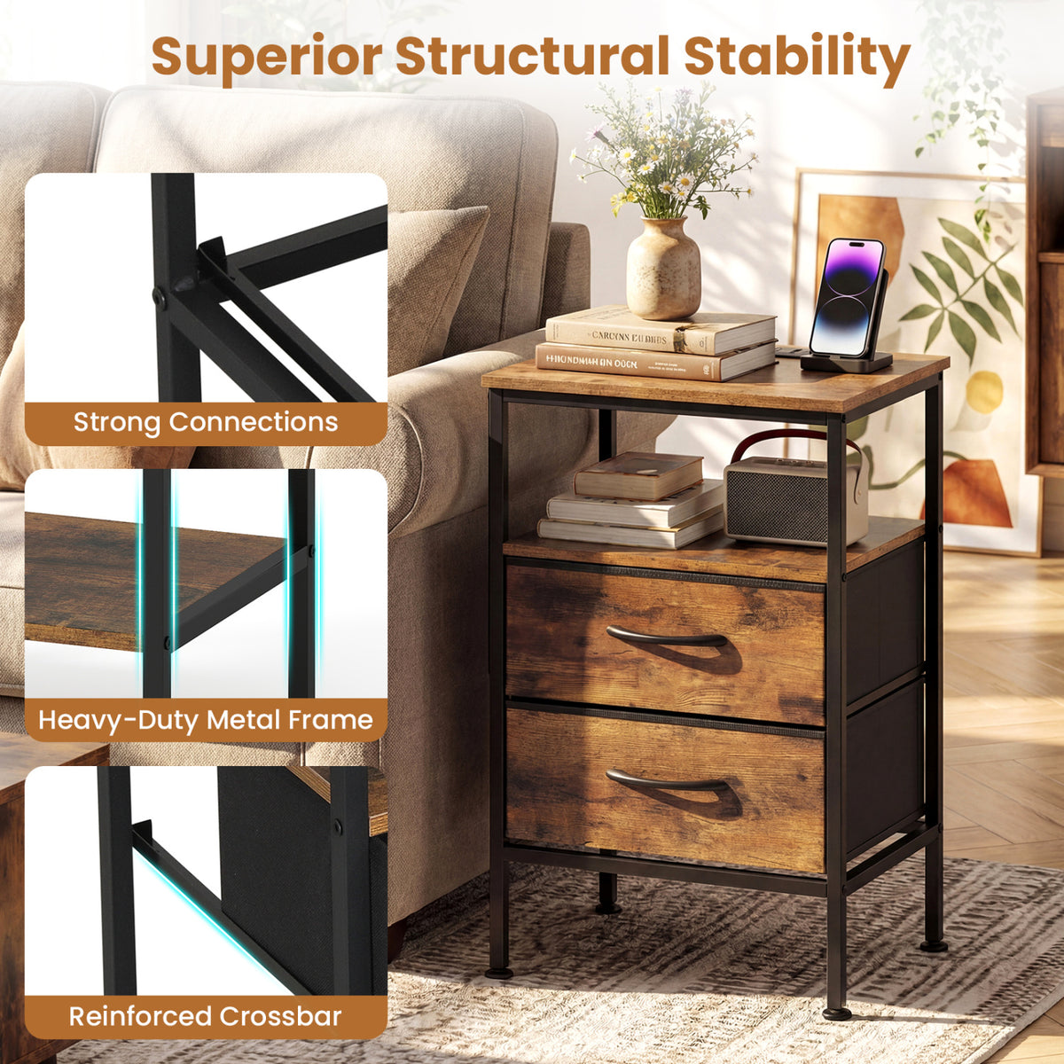 Nightstand with Charging Station 24.5 inch Modern Bedside Table with 2 Fabric Drawers-Rustic Brown