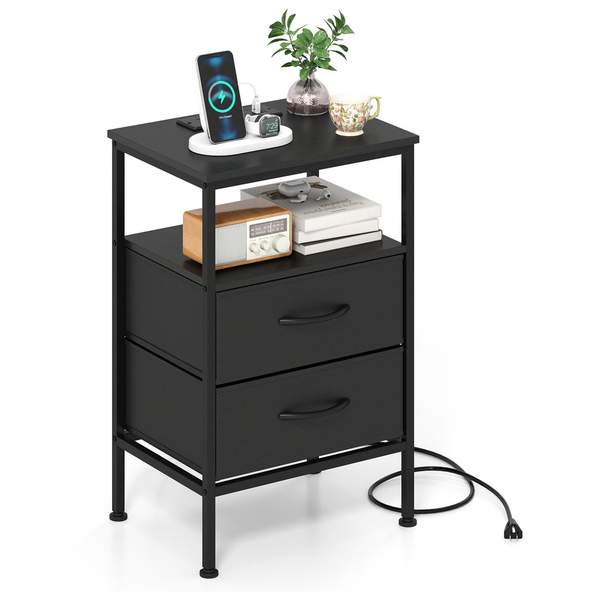 Nightstand with Charging Station 24.5 inch Modern Bedside Table with 2 Fabric Drawers-Black
