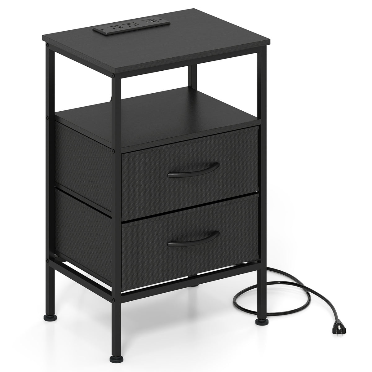 Nightstand with Charging Station 24.5 inch Modern Bedside Table with 2 Fabric Drawers-Black