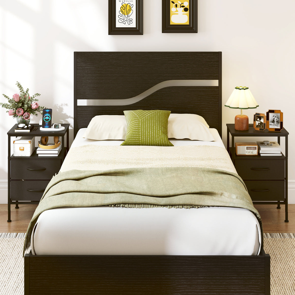 Nightstand with Charging Station 24.5 inch Modern Bedside Table with 2 Fabric Drawers-Black