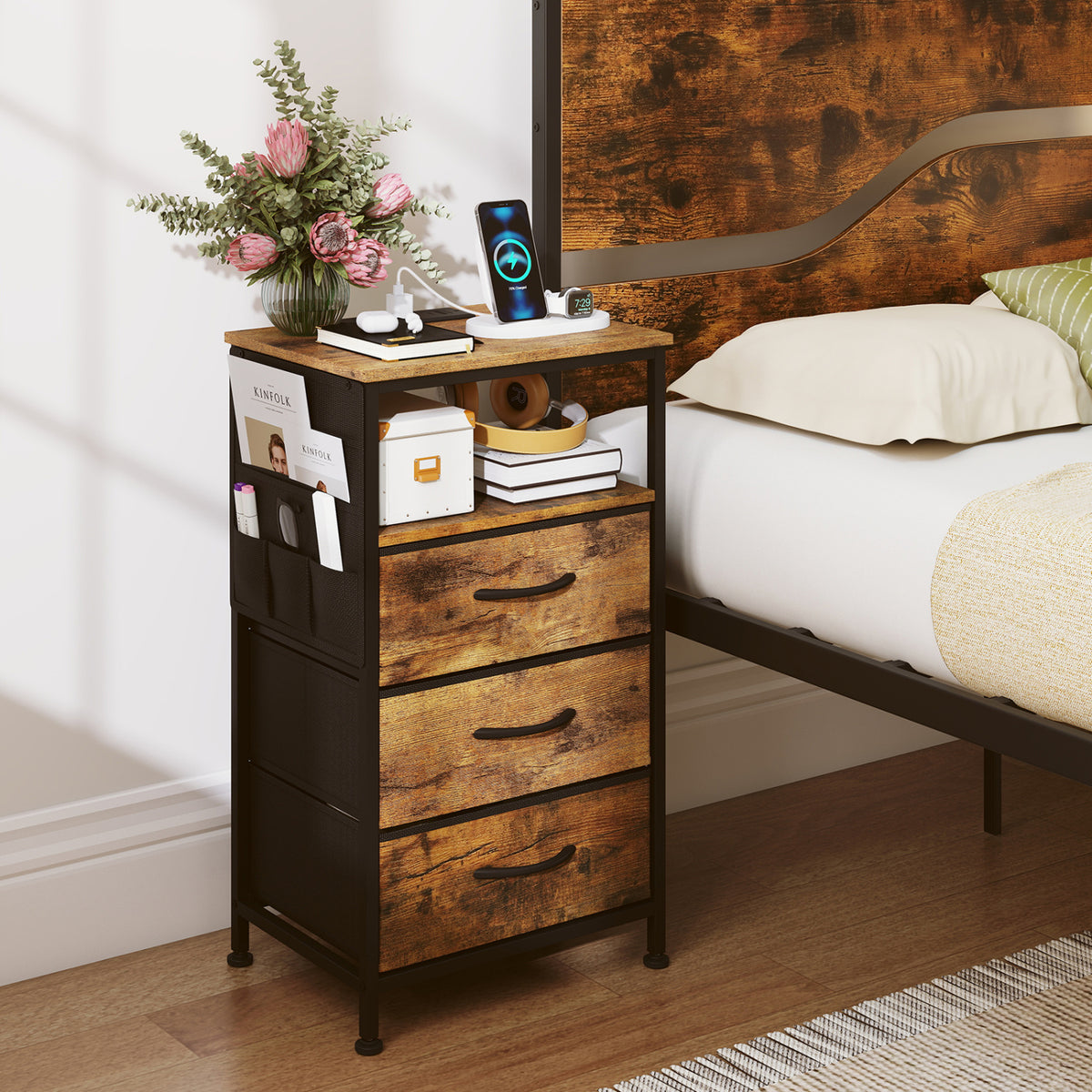 Nightstand with Charging Station 27.5 inch Modern Bedside Table with 3 Fabric Drawers-Rustic Brown