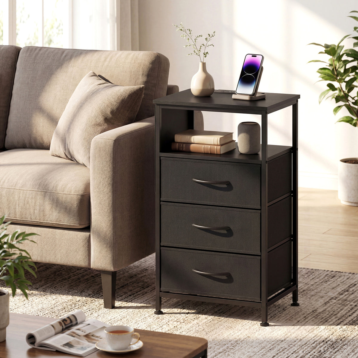 Nightstand with Charging Station 27.5 inch Modern Bedside Table with 3 Fabric Drawers-Black