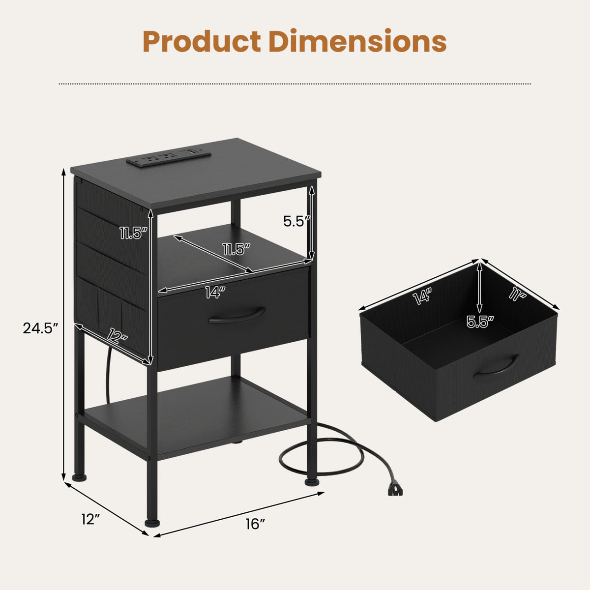 Nightstand with Charging Station 24.5 inch Modern Bedside Table with Fabric Drawer-Black
