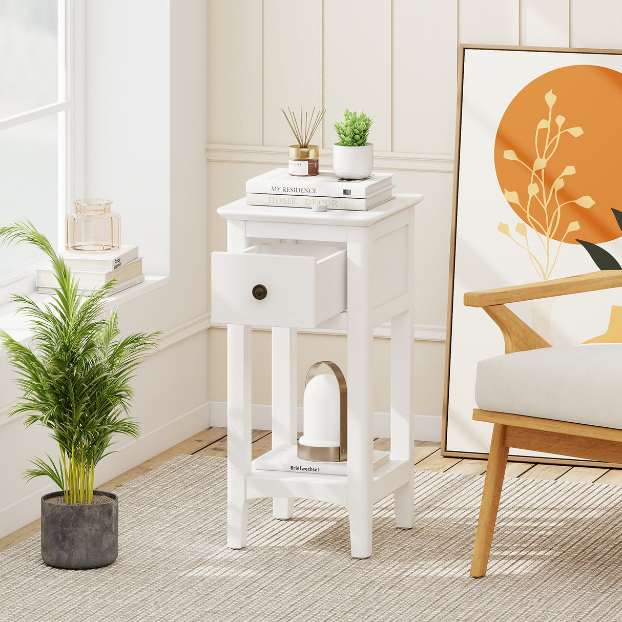 3-Tier Nightstand with Drawer and Open Storage Shelf-White