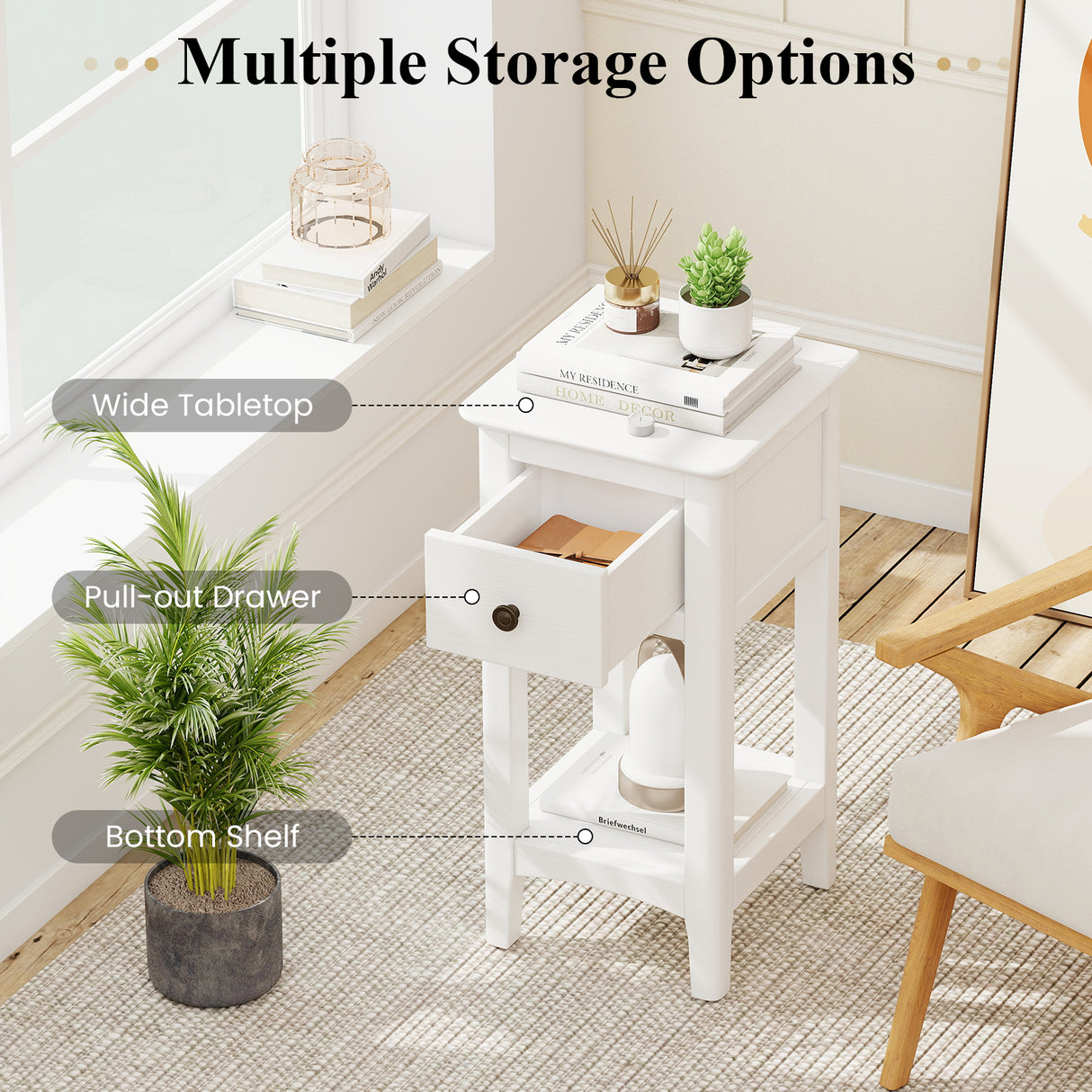 3-Tier Nightstand with Drawer and Open Storage Shelf-White