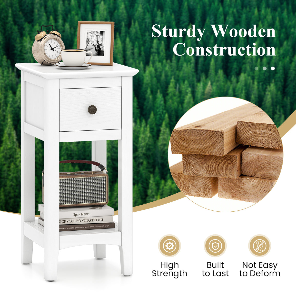 3-Tier Nightstand with Drawer and Open Storage Shelf-White