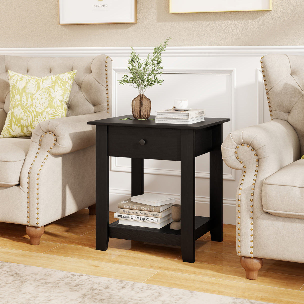 Nightstand with Drawer 3-Tier Modern Bedside Table with Open Shelf and Storage-Black