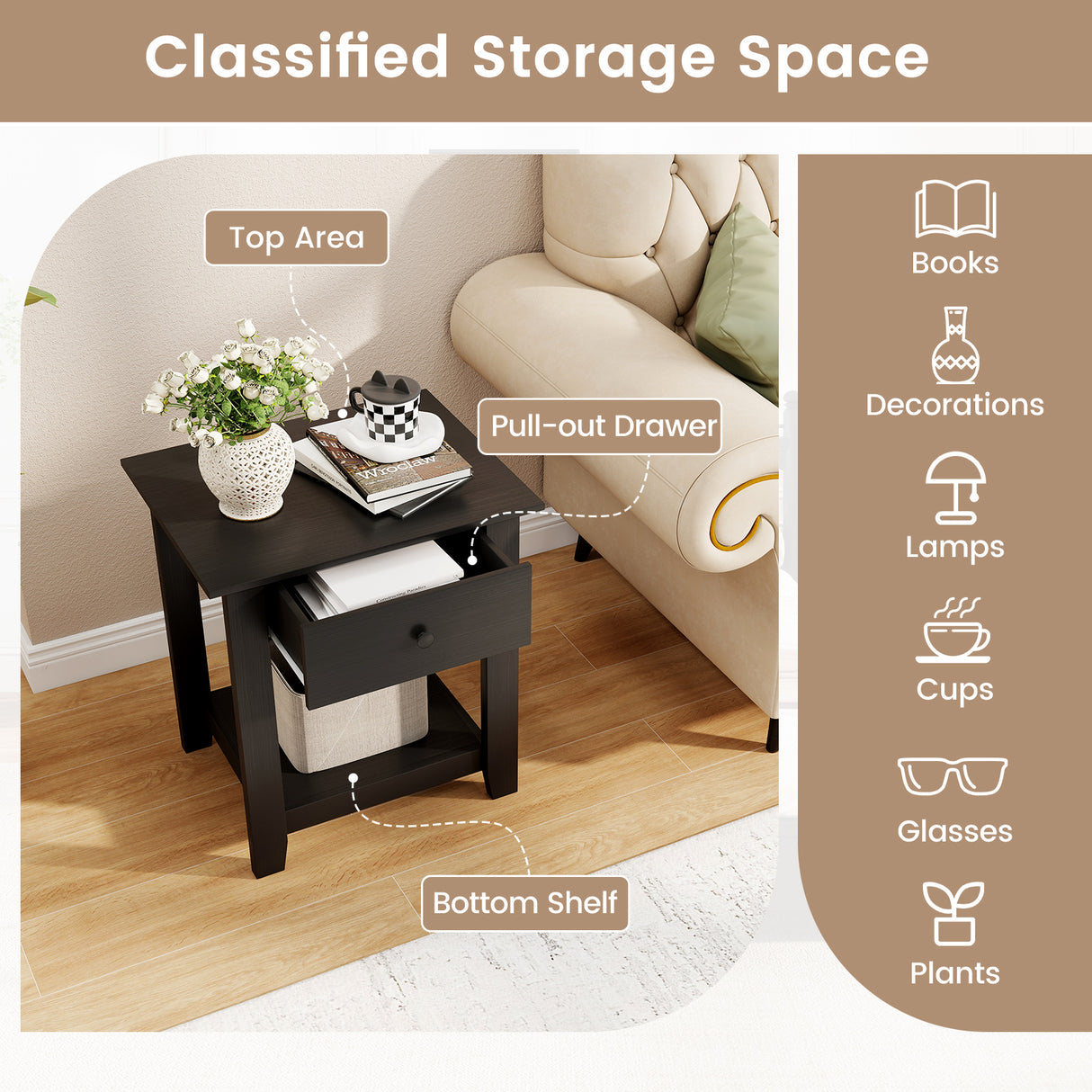 Nightstand with Drawer 3-Tier Modern Bedside Table with Open Shelf and Storage-Black