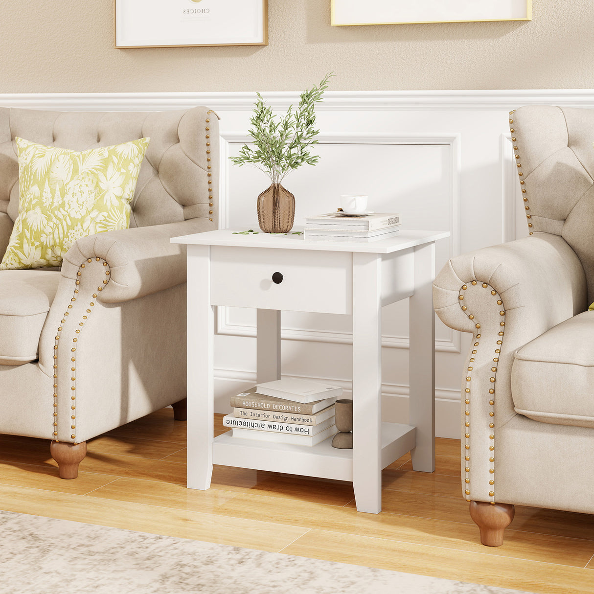Nightstand with Drawer 3-Tier Modern Bedside Table with Open Shelf and Storage-White