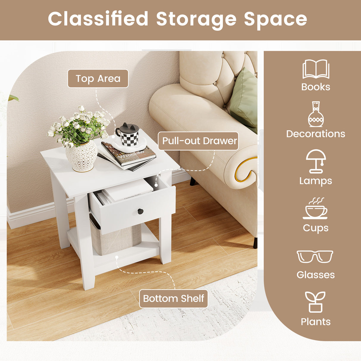 Nightstand with Drawer 3-Tier Modern Bedside Table with Open Shelf and Storage-White