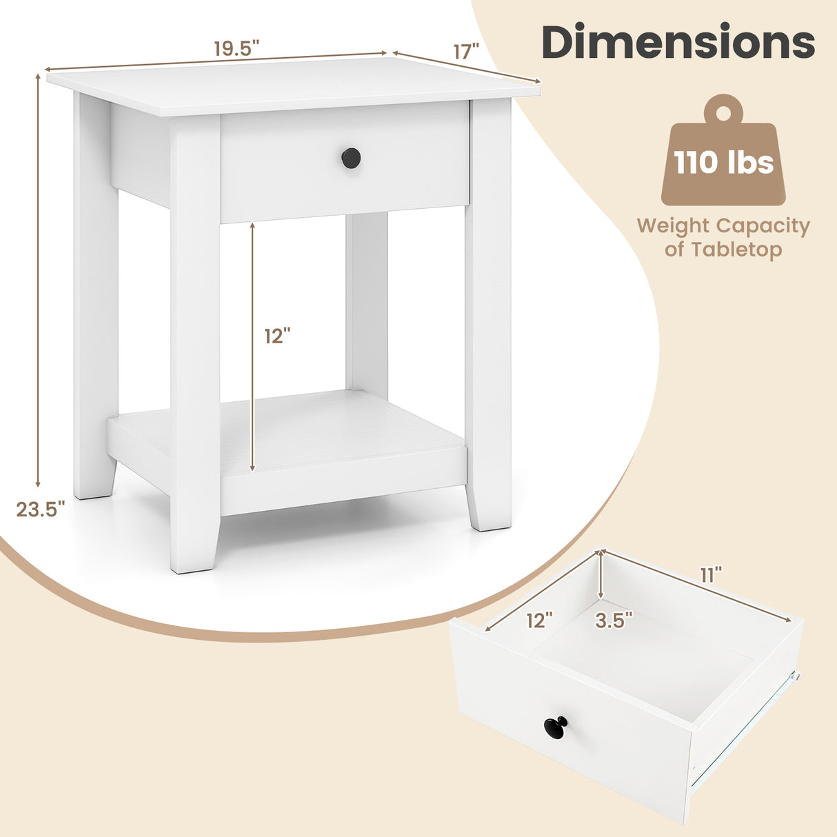 Nightstand with Drawer 3-Tier Modern Bedside Table with Open Shelf and Storage-White