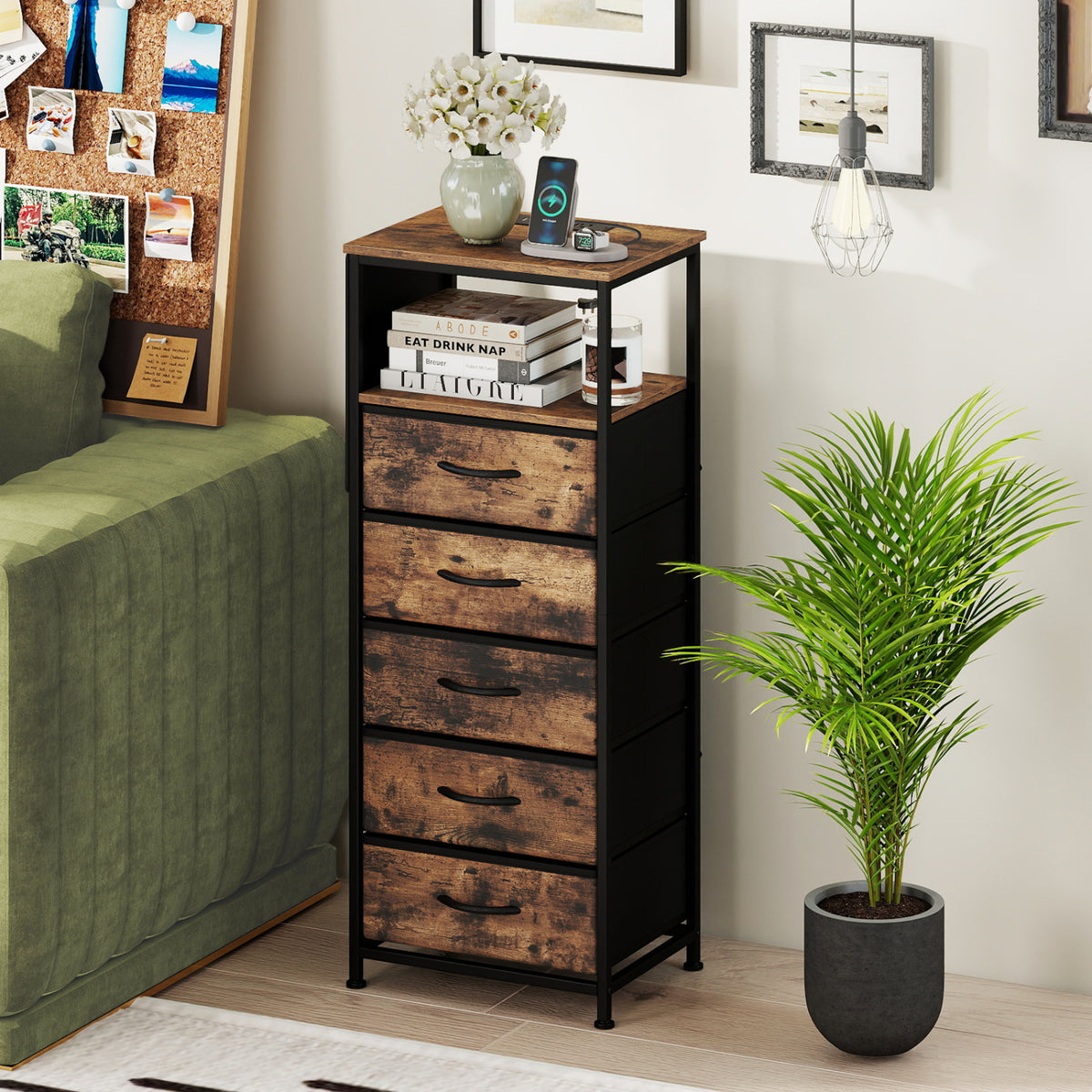 Nightstand with Integrated Charging Station 39 Inches Modern Bedside Table-Brown