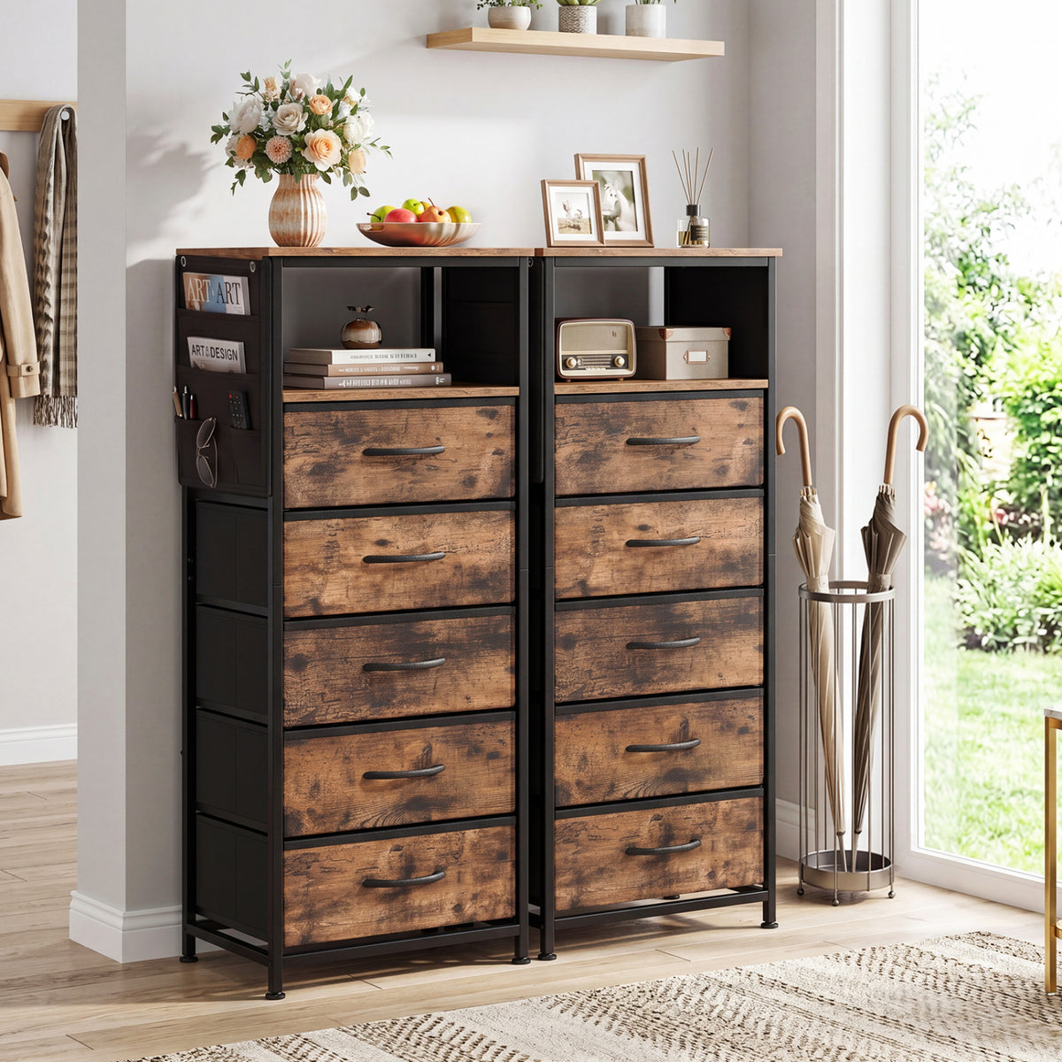 Nightstand with Integrated Charging Station 39 Inches Modern Bedside Table-Brown