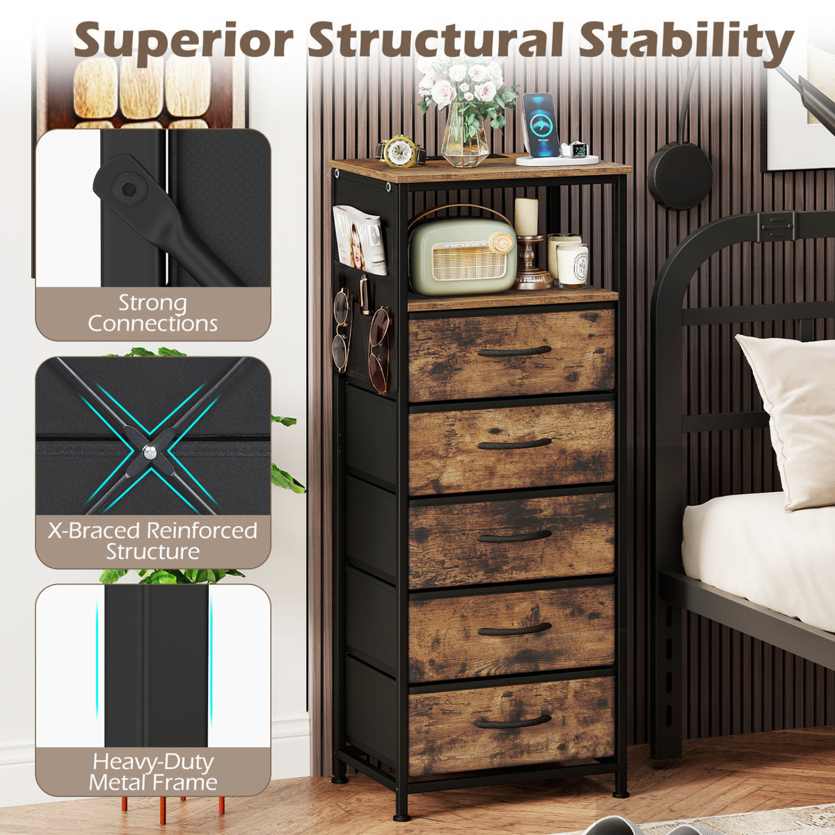 Nightstand with Integrated Charging Station 39 Inches Modern Bedside Table-Brown