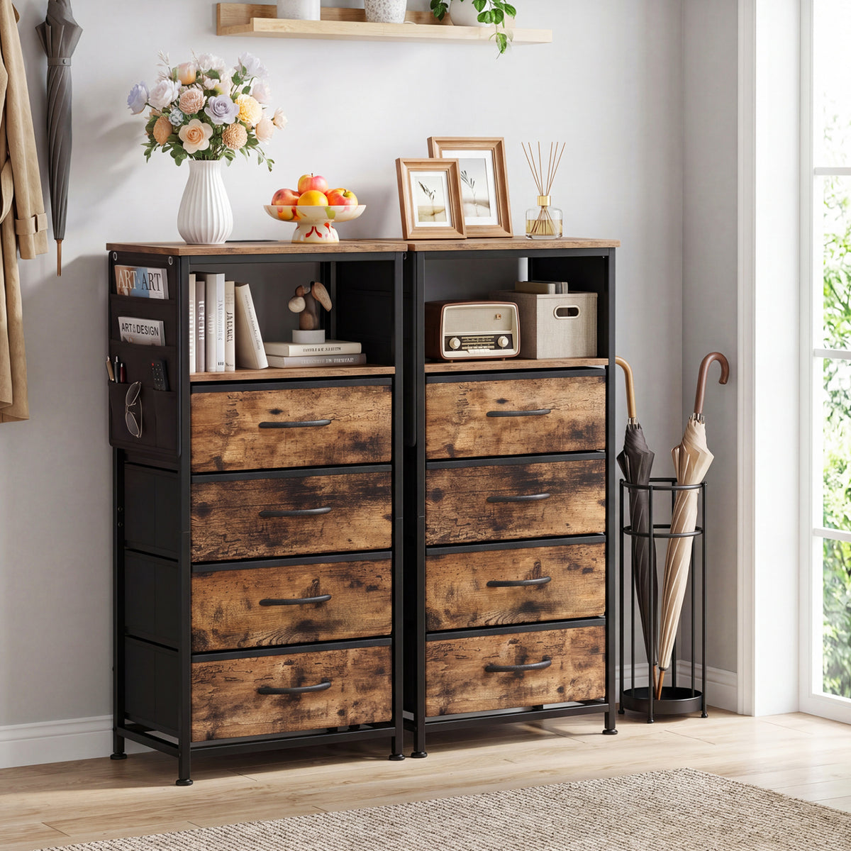 Nightstand with Integrated Charging Station 34" Modern Bedside Table-Rustic Brown