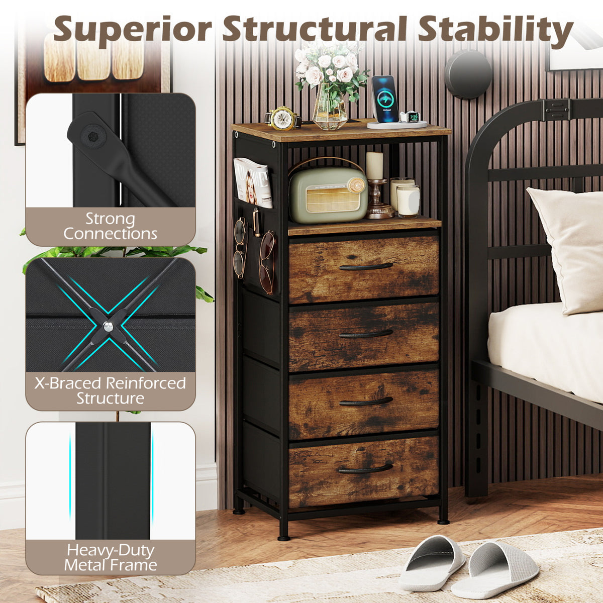 Nightstand with Integrated Charging Station 34" Modern Bedside Table-Rustic Brown