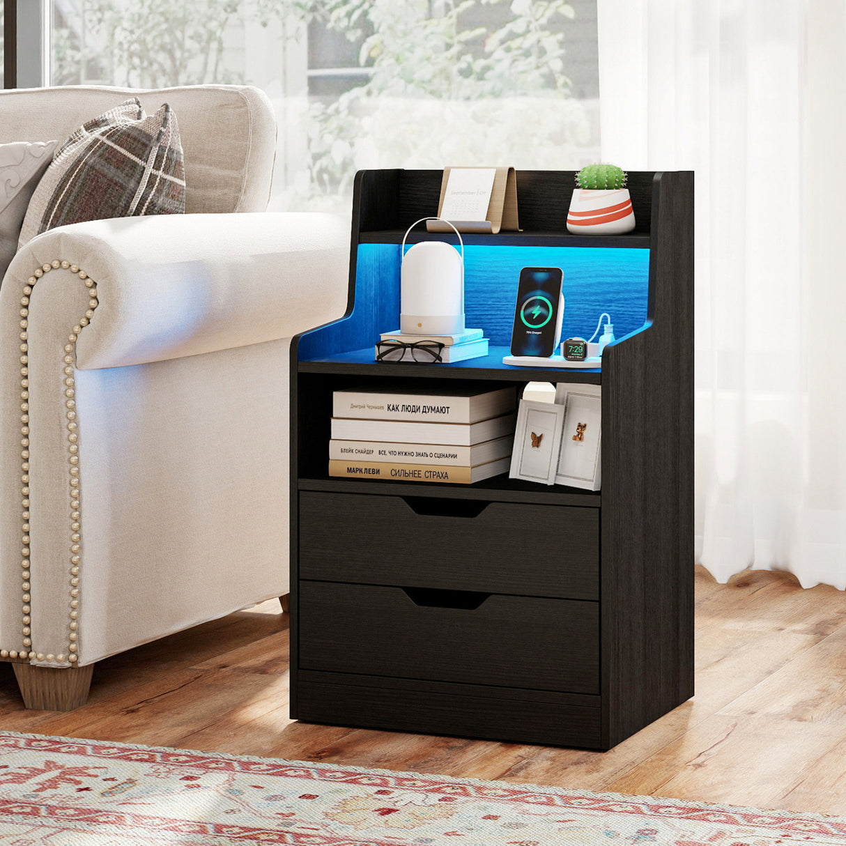 Nightstand with LED Light and Charging Station for Living Room Bedroom-Black