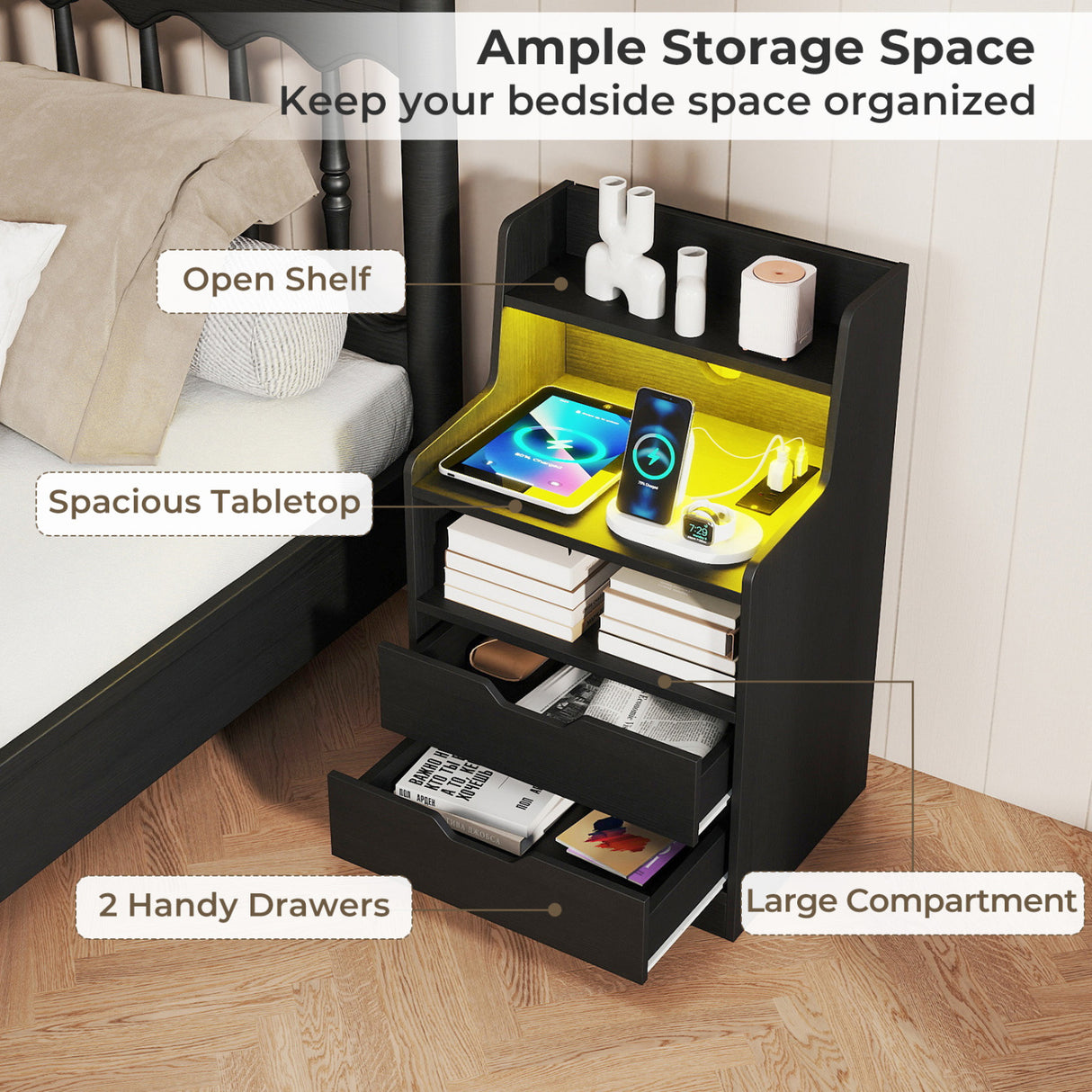 Nightstand with LED Light and Charging Station for Living Room Bedroom-Black