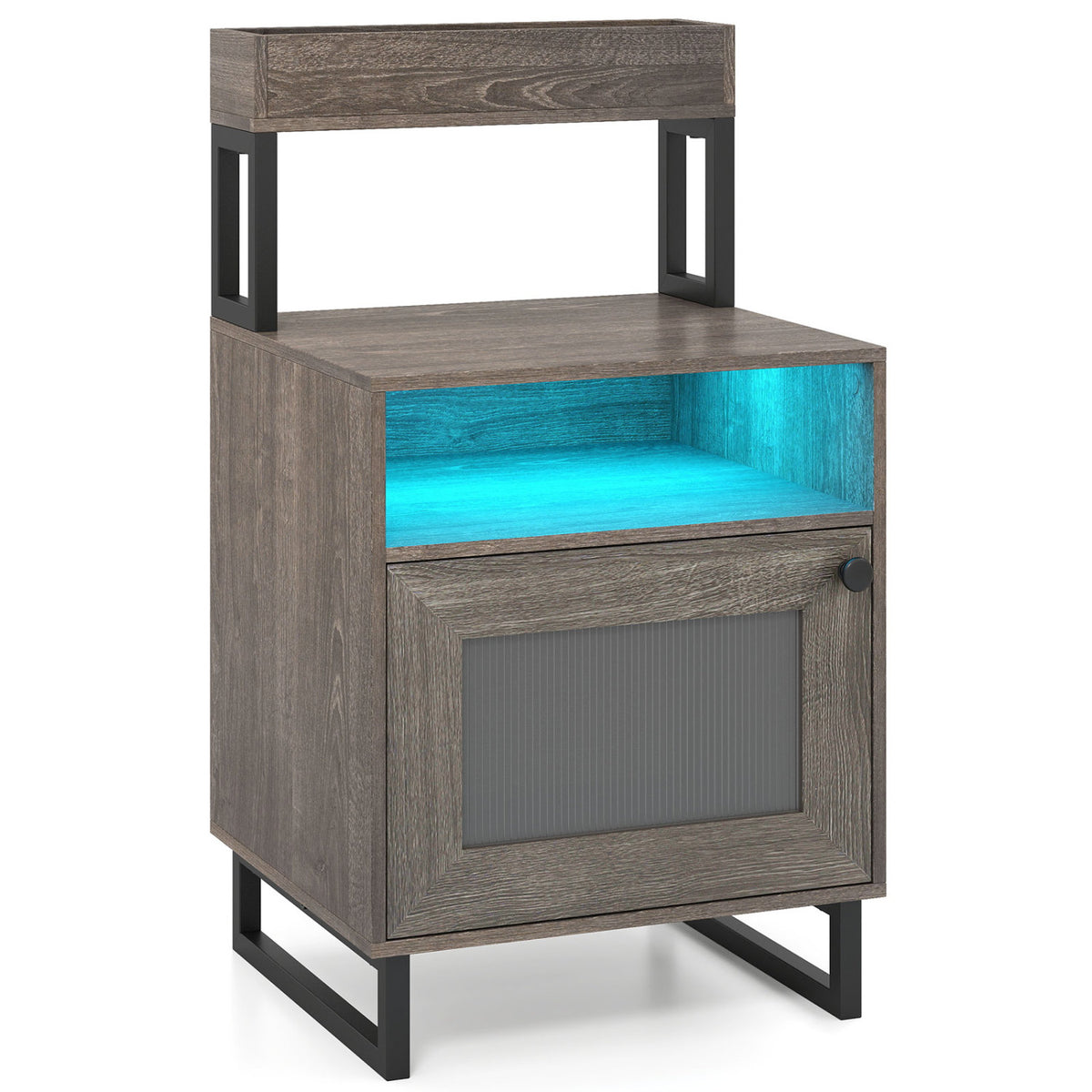 Nightstand with LED Lights Modern End Table with Top Tray Open Compartment and Storage Cabinet-Gray