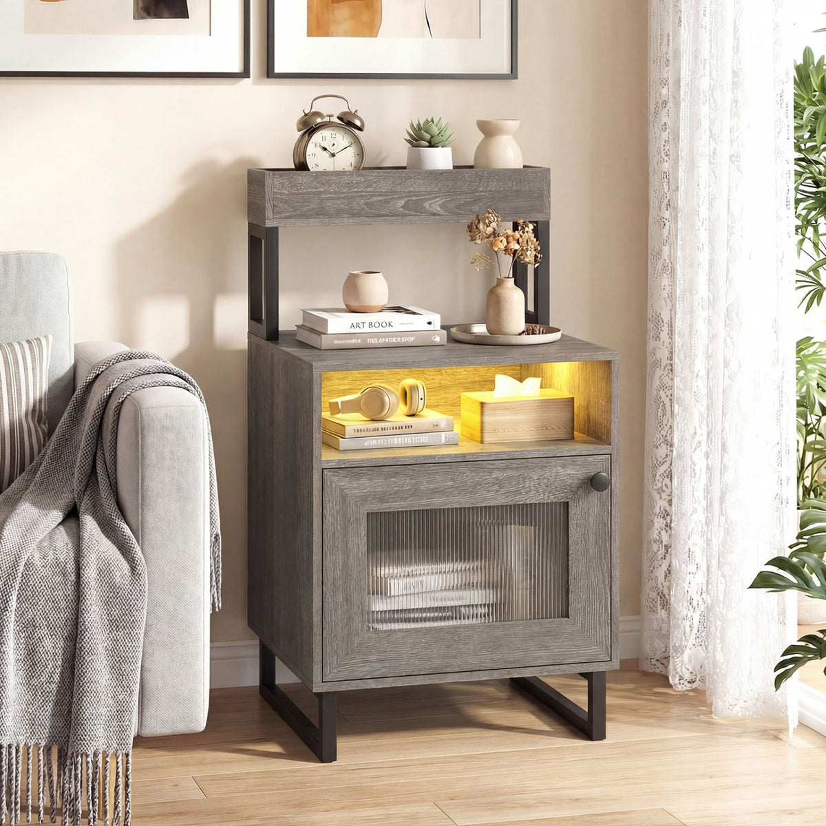Nightstand with LED Lights Modern End Table with Top Tray Open Compartment and Storage Cabinet-Gray