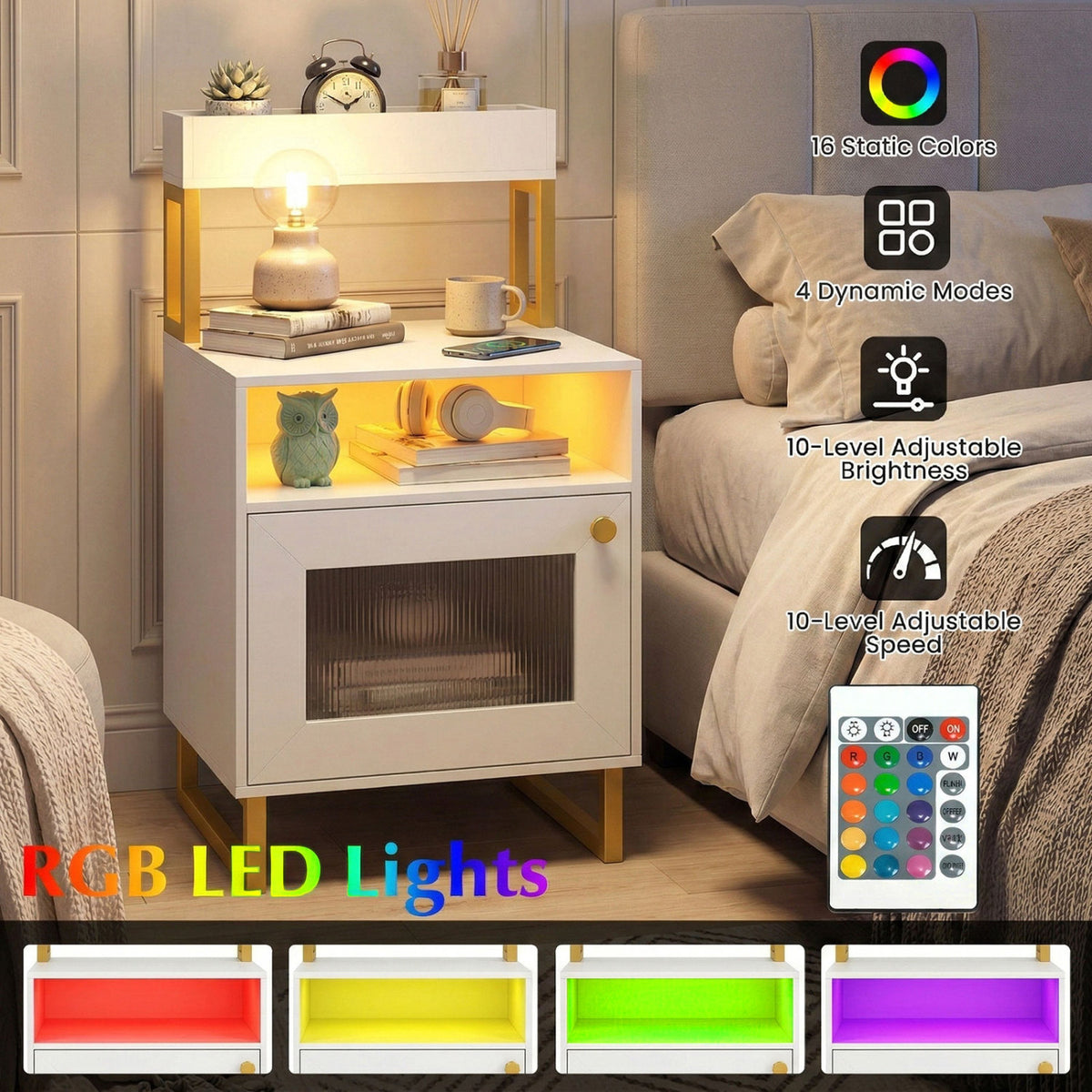 Nightstand with LED Lights Modern End Table with Top Tray Open Compartment and Storage Cabinet-White