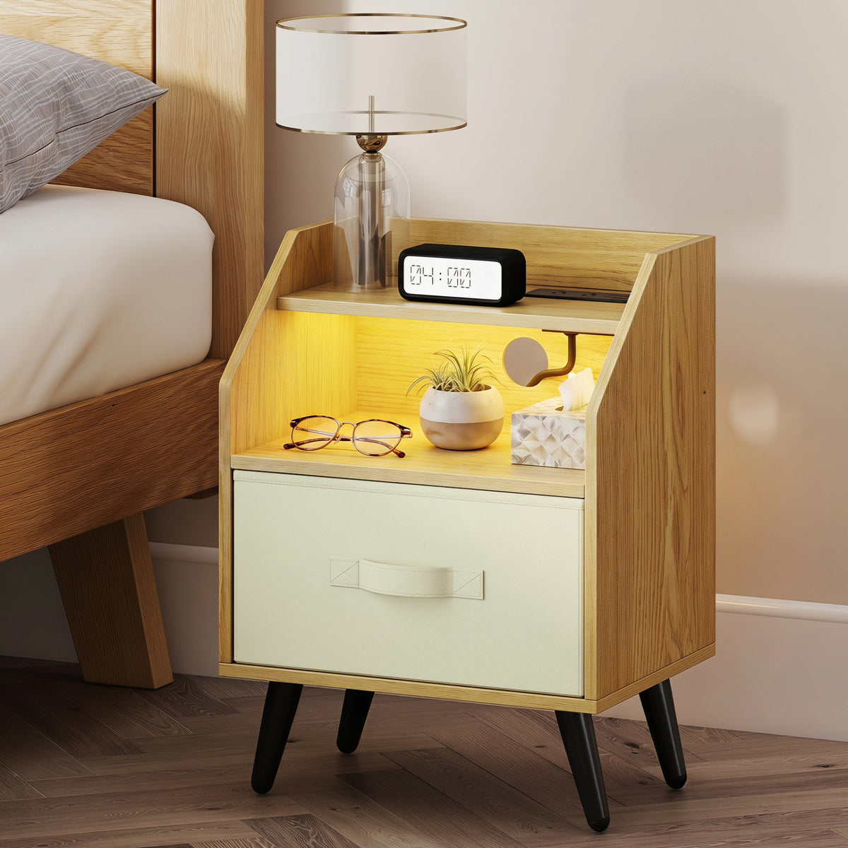 Nightstand with Power Outlets and Open Storage Shelf-Natrual