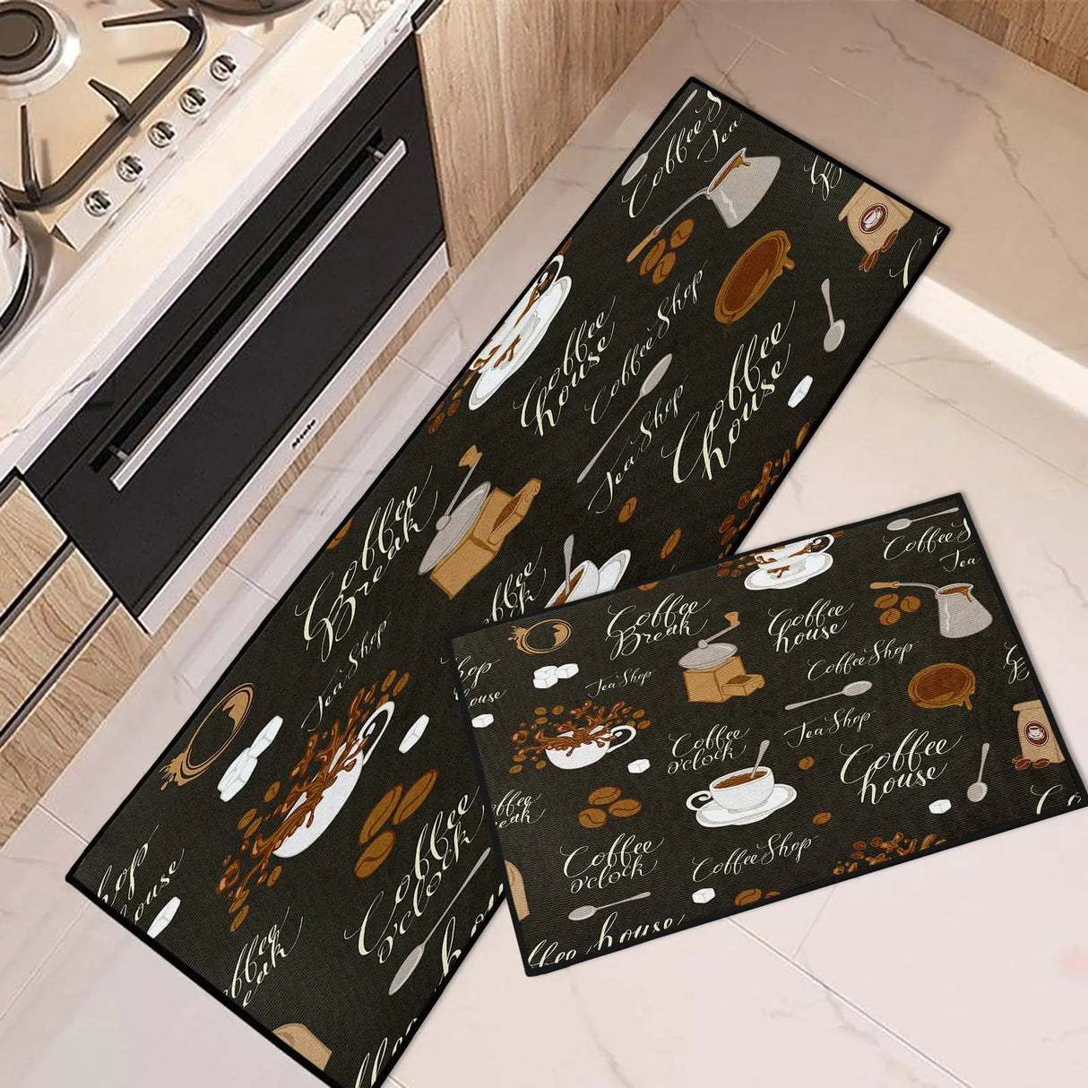 Tayney Coffee Kitchen Rugs and Mats Non Skid Washable Set of 2 Tea Shop Kitchen Mats for Floor Coffee House Chocolate Cafe Kitchen Runner Rug Retro Kitchen Decor