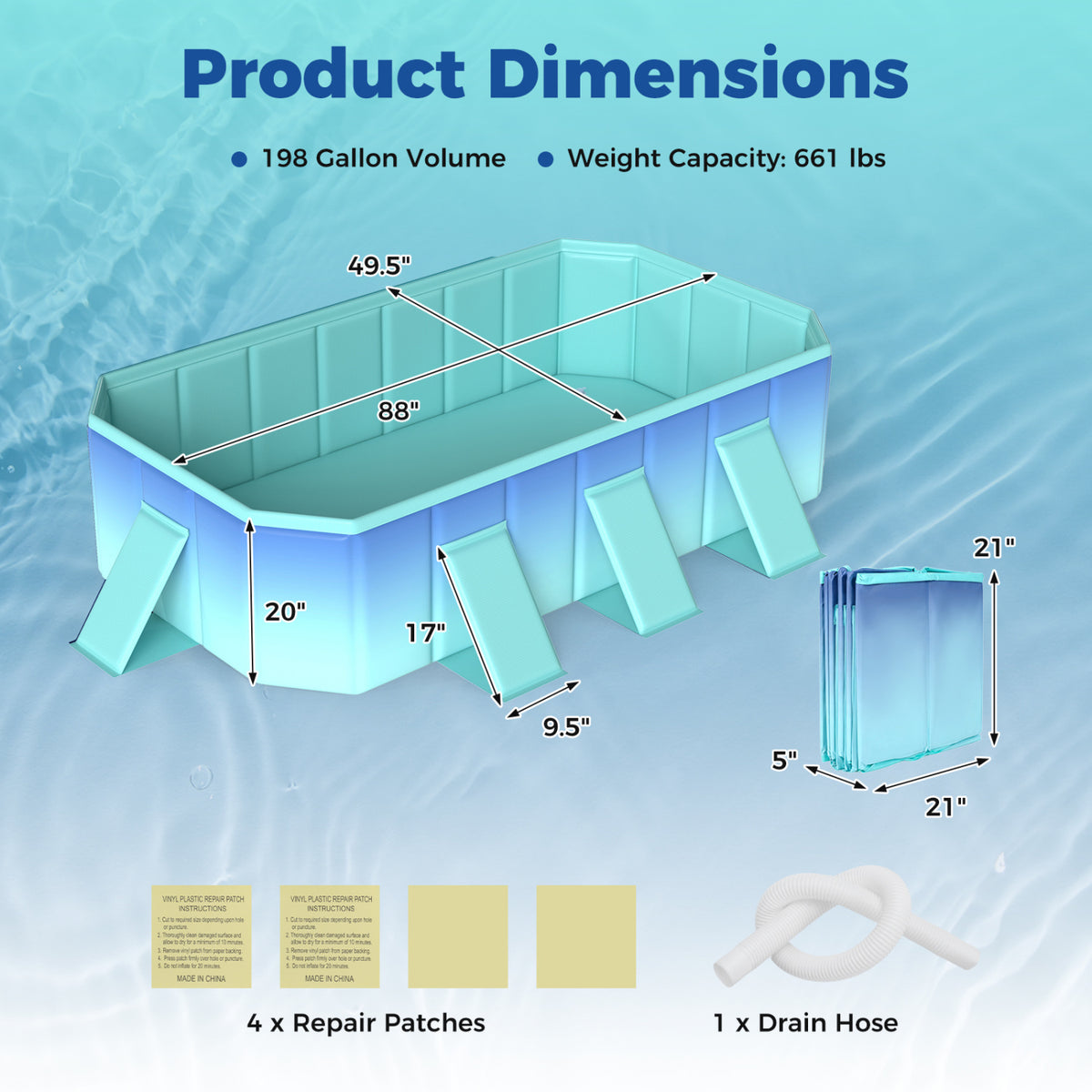 Non-Inflatable Swimming Pool Portable Around Ground Pool with 8 Support Panels-Gradient