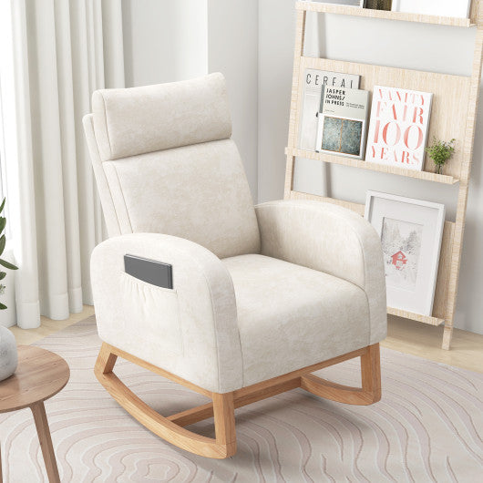 Nursery Rocking Chair Upholstered Chenille Rocker Armchair with Natural Rubber Wood Frame-Beige