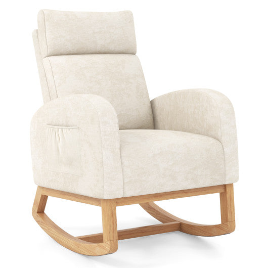 Nursery Rocking Chair Upholstered Chenille Rocker Armchair with Natural Rubber Wood Frame-Beige
