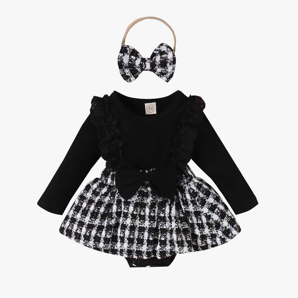 Long Sleeve Stitching Woven Style Plaid Skirt Bow Romper