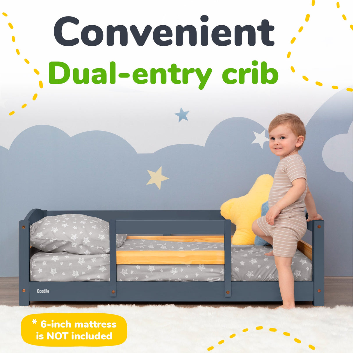 Crib Size Wooden Floor Bed with Safety Rails for Kids Age 1–3