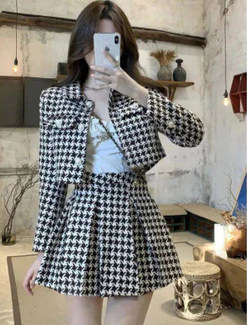 Houndstooth Blazer and Skirt Set with Design Flair