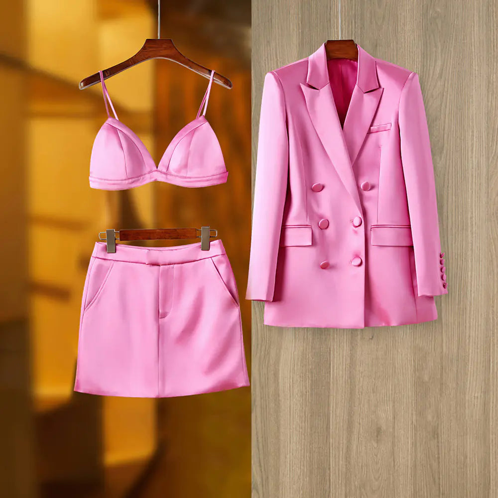 Fashionable Pink Satin Suit Jacket and Skirt Set