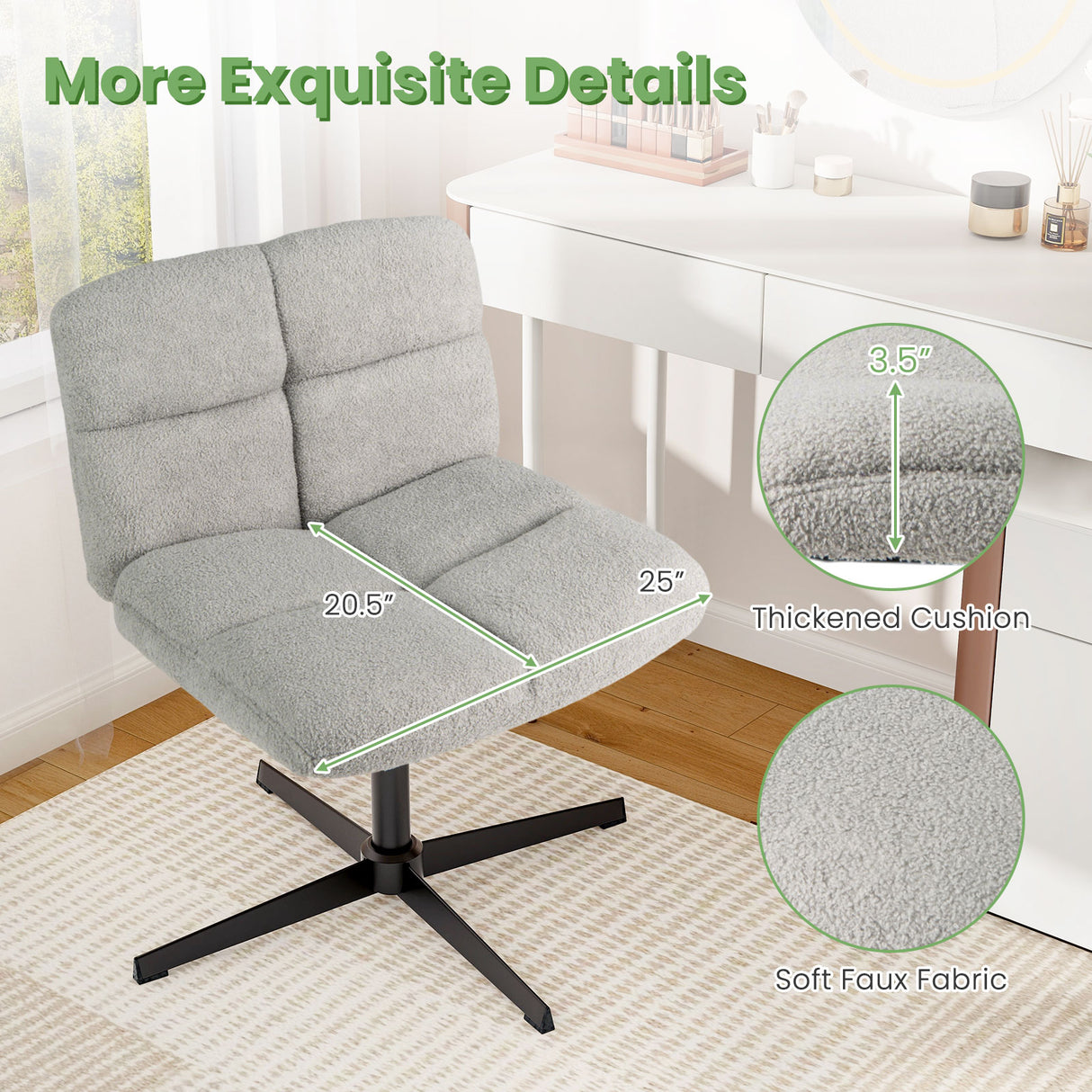 Office Armless Chair Cross Legged with Imitation Lamb Fleece and Adjustable Height-Gray