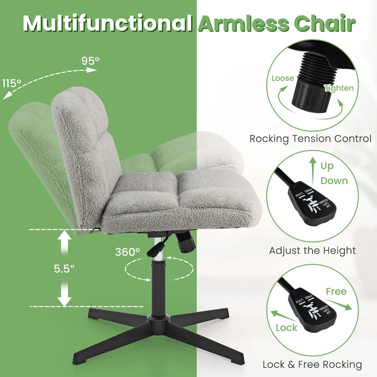 Office Armless Chair Cross Legged with Imitation Lamb Fleece and Adjustable Height-Gray